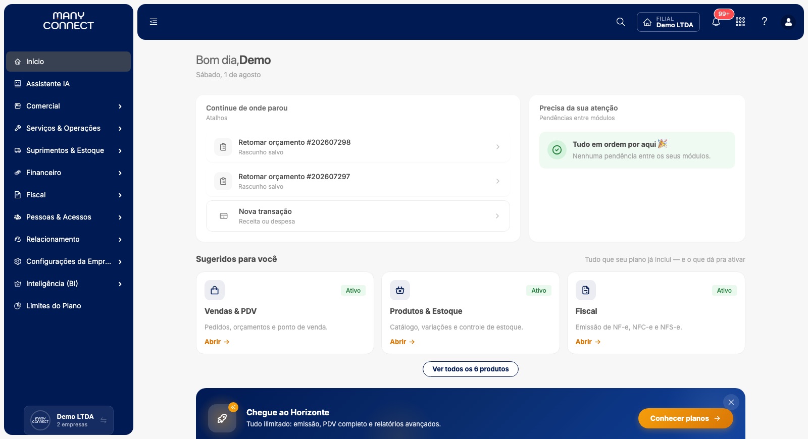 Tela real do Portal ManyConnect — página inicial com atalhos, pendências entre módulos e os produtos ativos da empresa