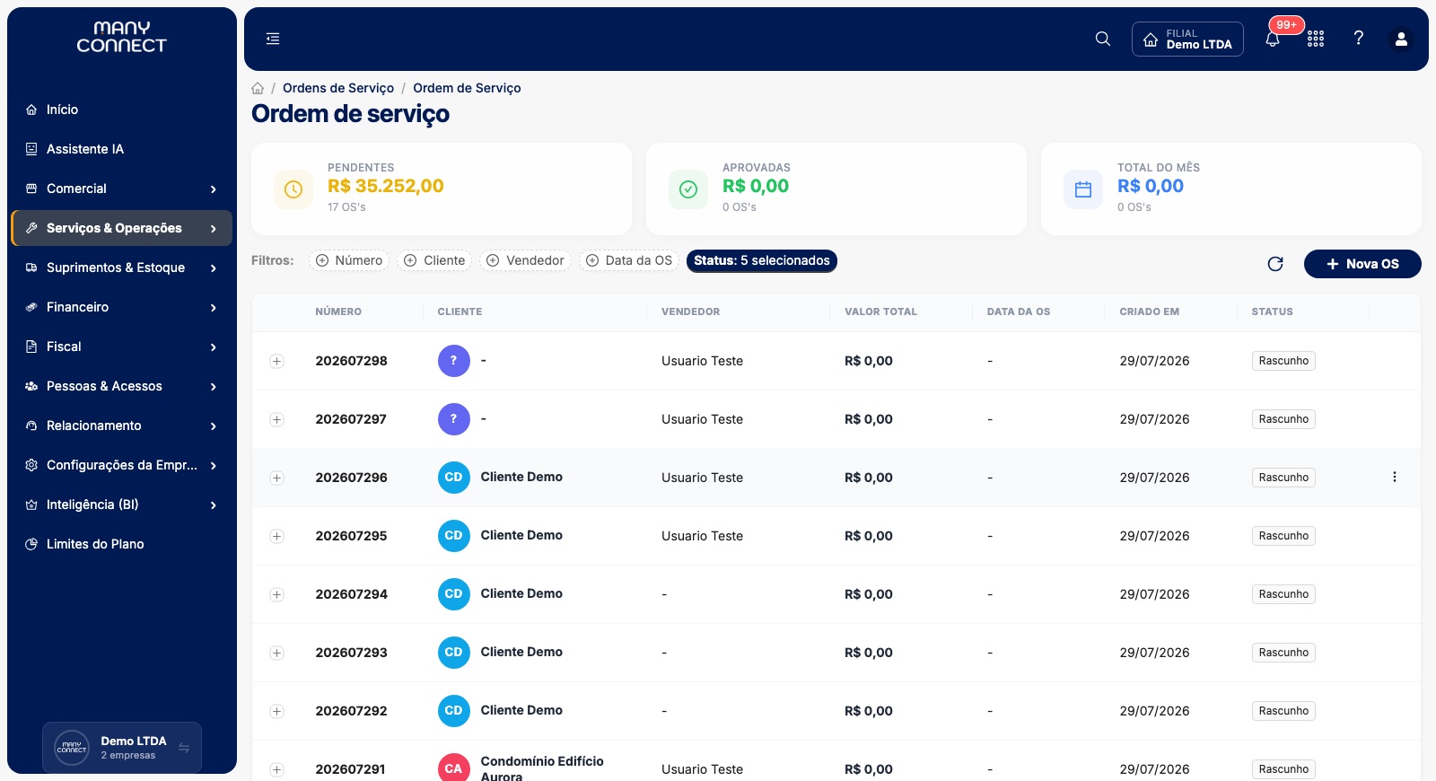 Listagem de ordens de serviço do ManyConnect com totais de pendentes e aprovadas, filtros e status por OS